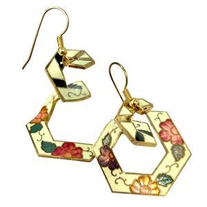 Vintage Chinese Cloisonne Flower Earrings Hawaiian Red Floral Enamel Gold Tone